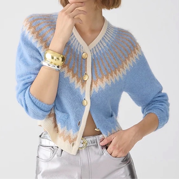 J. Crew Fair Isle Cropped Cardigan Sweater in Brushed Yarn Blue/Tan Small NWT - Picture 2 of 15